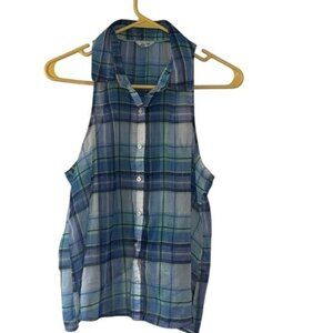Aeropostale Plaid Sheer Sleeveless Button-Down Shirt S Blue & Purple